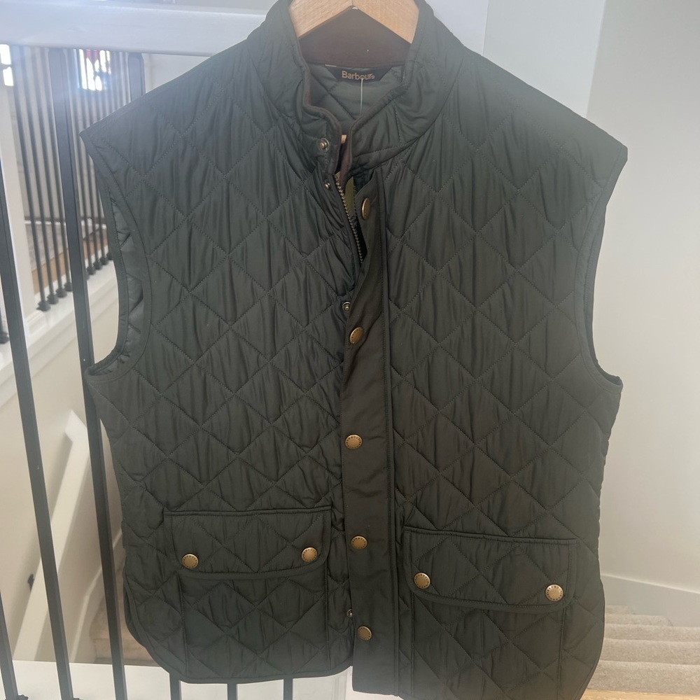 Barbour Green Quilted Vest with Stand-Up Collar